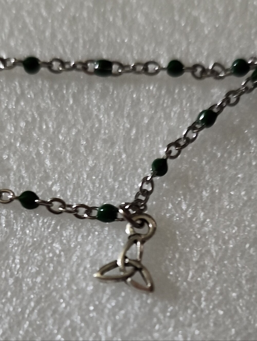 Hand Crafted Silver Chain Bracelet / Anklet Dark Green Beads and Trinity Charm